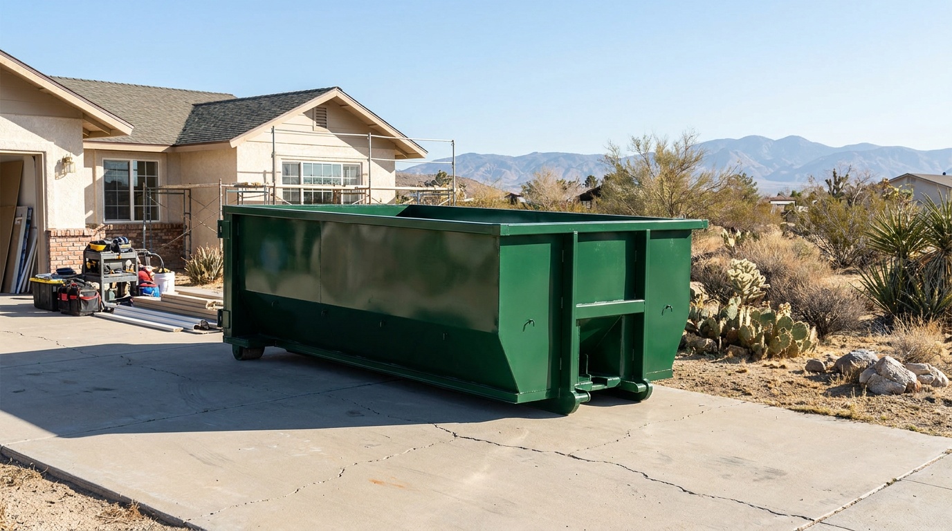 Roll-off dumpster on a residential driveway in Rowland Heights